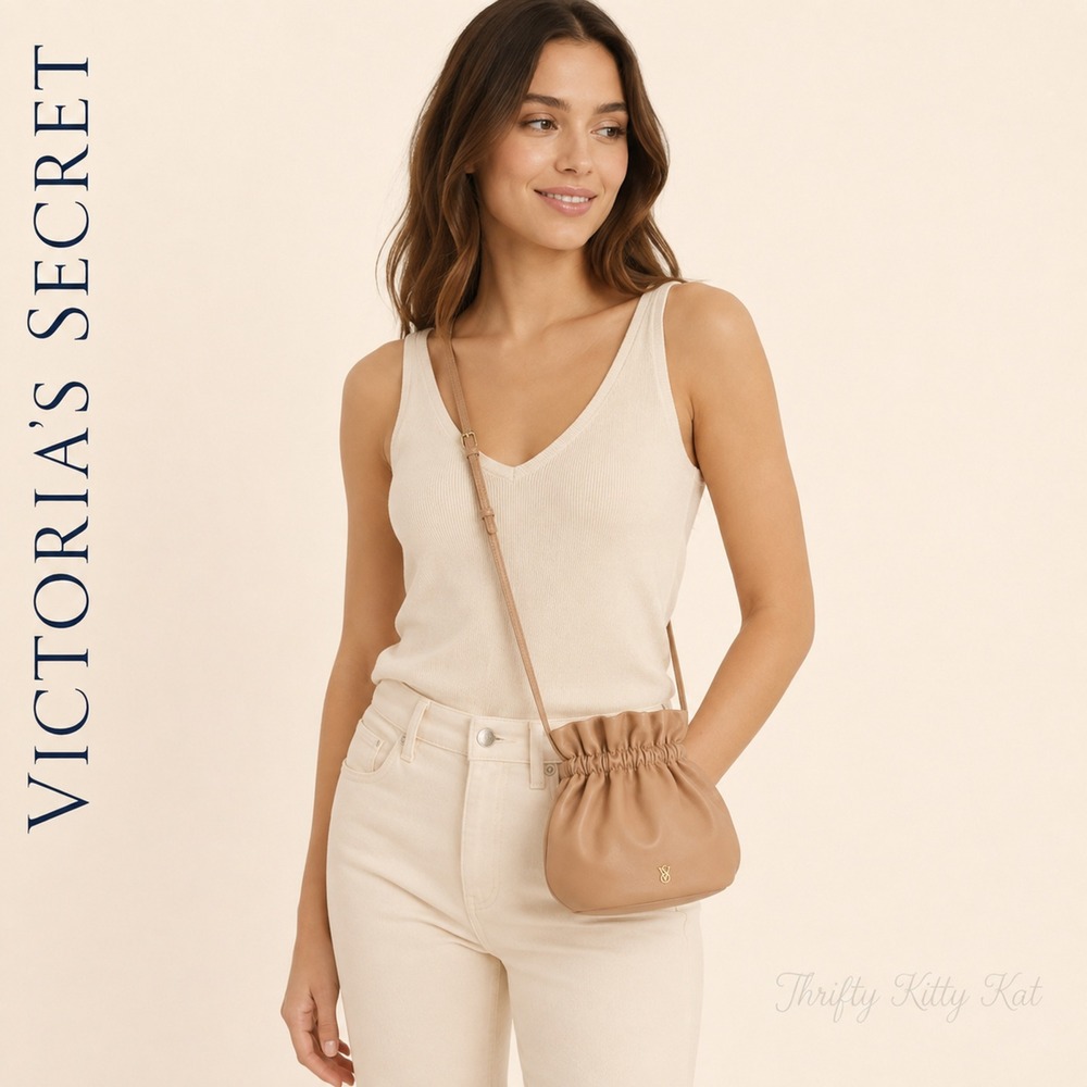 Victorias Secret Mini Bucket Bag Ruched Faux Leather Beige Crossbody NWT